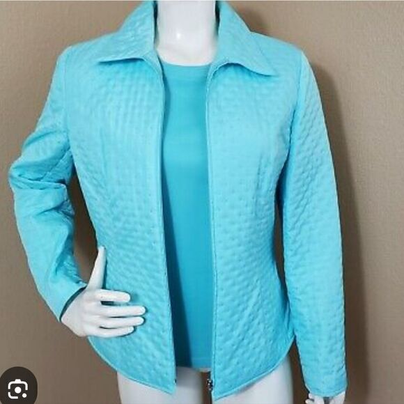 Talbots Jackets & Blazers - TALBOTS Aqua Teal Blue Shell Dot Quilted Jacket, 10 Pettites